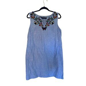 Talbots Embroidered Butterfly Blue Linen Blend Knee Length Dress 12 Sun Dress
